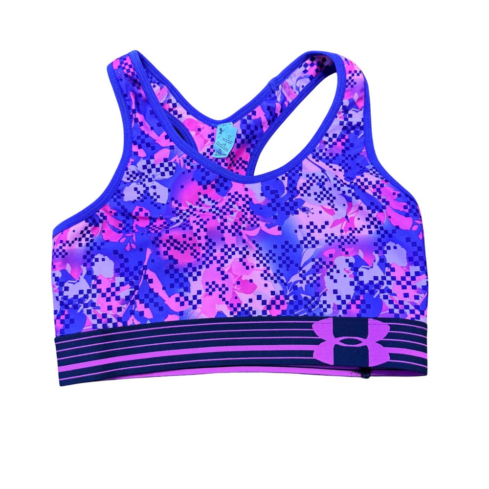 Under Armour HeatGear Compression Sports Bra Purple Pink Floral Print Small